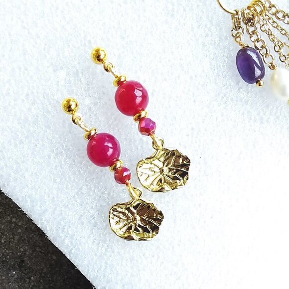 Gorgeous! Deep Rose Agates & Lotus Pad Earrings ~ Boldy Feminine & Alluring! - Picture 5 of 6